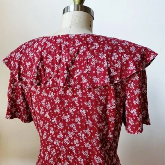 90's Kathie Lee Collection Cranberry Red Calico Floral Print Midi Dress 14 - Picture 4 of 4